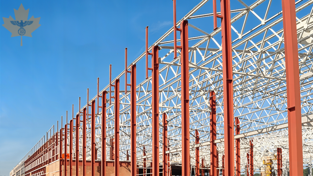Mild steel structural beams and columns used in industrial construction showing cost-effective fabrication'